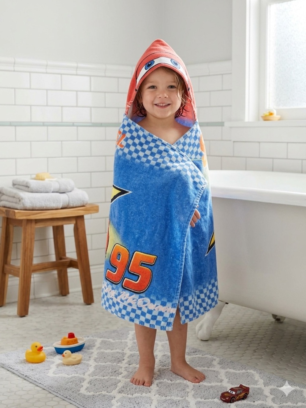 Disney Cars Lightning McQueen Hooded Towel Kids Bath Beach Towel Red Blue